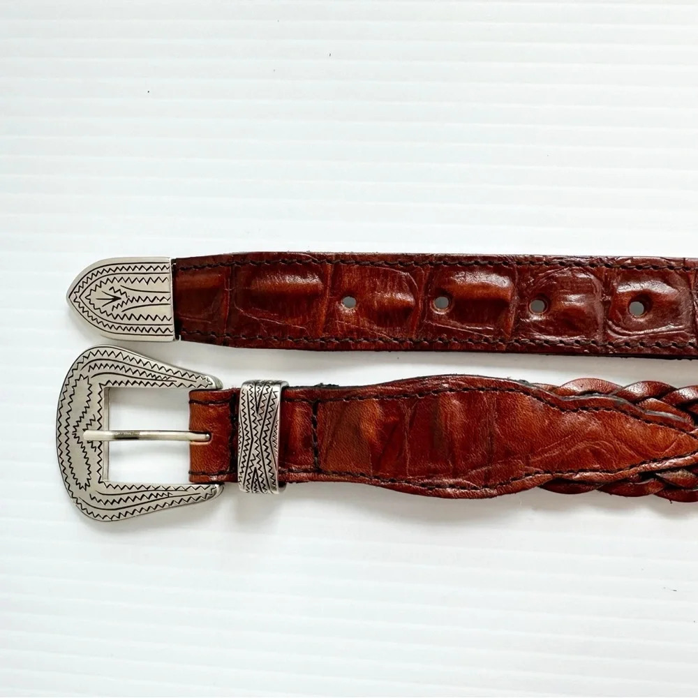 Vintage Crocodile Back, Woven Leather Belt Brown Silver Decorative Buckle - Picture 4 of 9